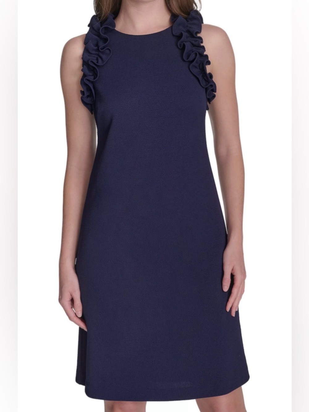 Andrew Marc Women’s Navy Scoopneck Sleeveless Ruffle Shift Dress Size 12 (NWT)